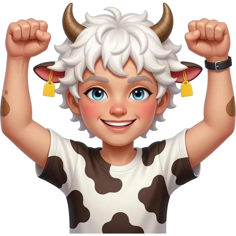 albino white-haired curly anime femboy with white eylashes with cow horns and cow ears with yellow tags in both cow ears poses in caramel dance pose with his fists up to his head with red blush on his cheeks emoji