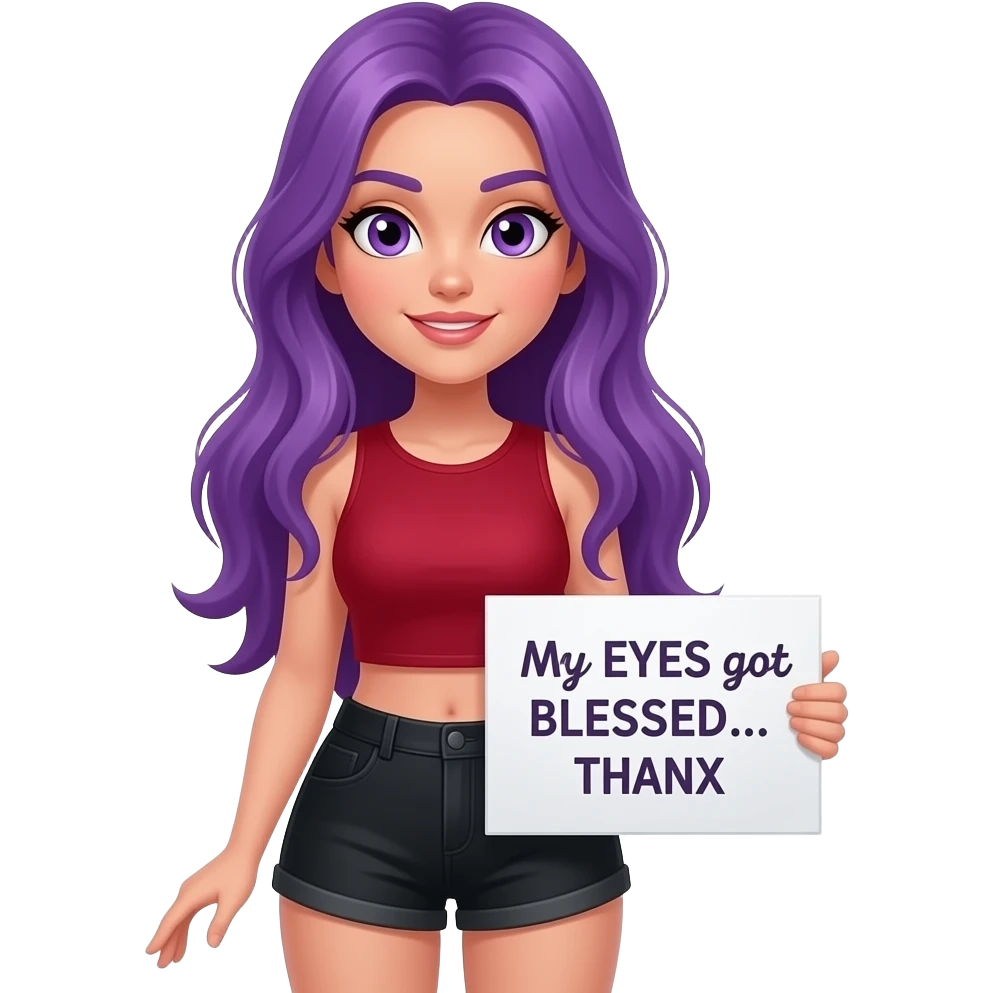 sexy girl with long purple hair and purple eyes holding a My EYES got BLESSED... THANX sign emoji