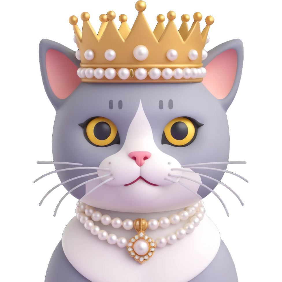 a posh cat wearing a pearl necklace and a tiny crown, looking proud and sophisticated emoji