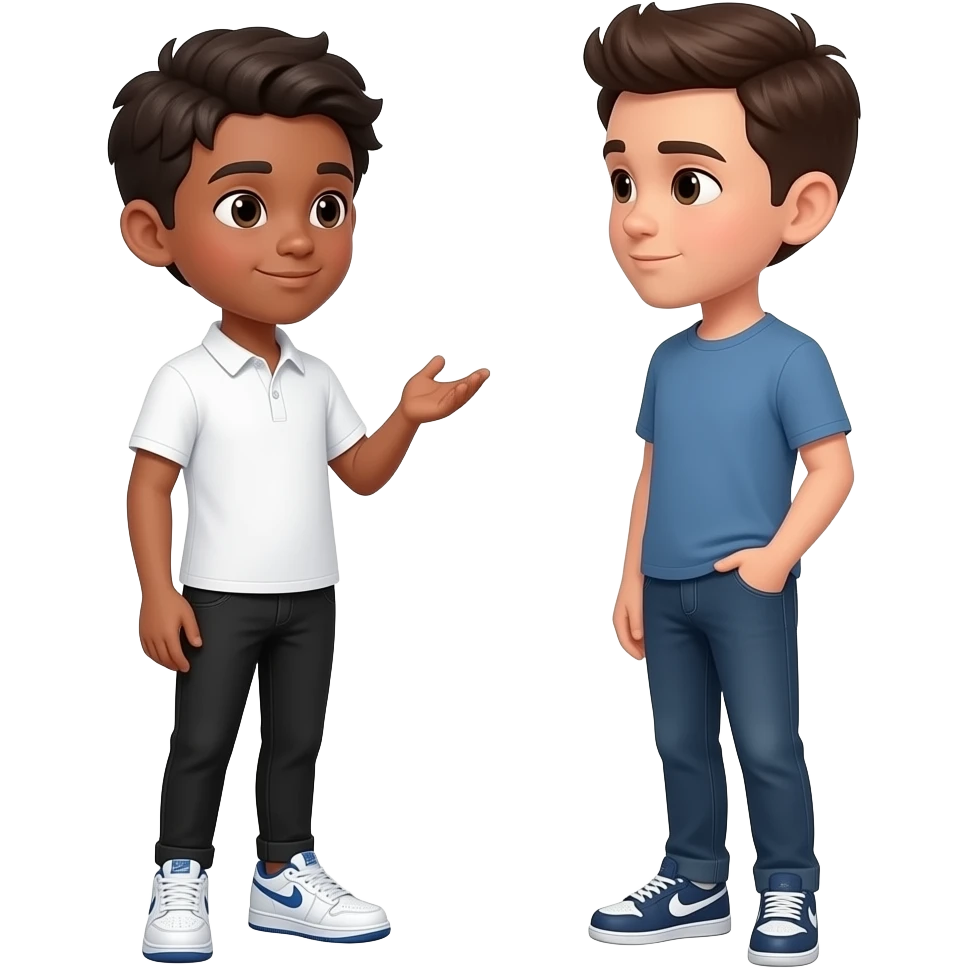 create a young boy, she's wearing a white polo, and she's wearing a skinny black pants, and air force 1 shoe, the young boy doing is talking to other. and her hand is in his pocket. emoji