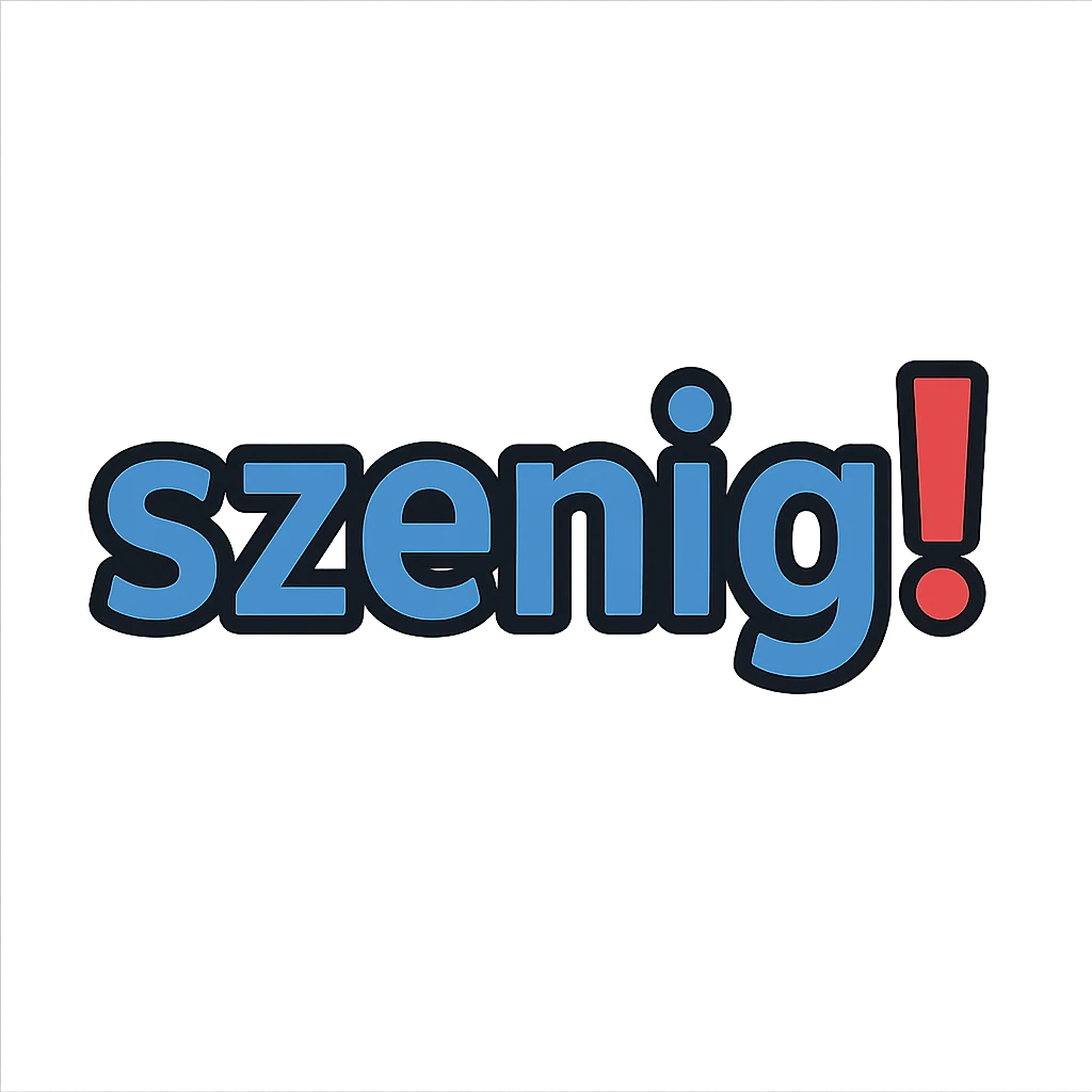 Text logo with the word 'szenig!' filling the entire area. The word 'szenig' is in blue, and the exclamation mark is in red. Modern, clear style with no background. emoji