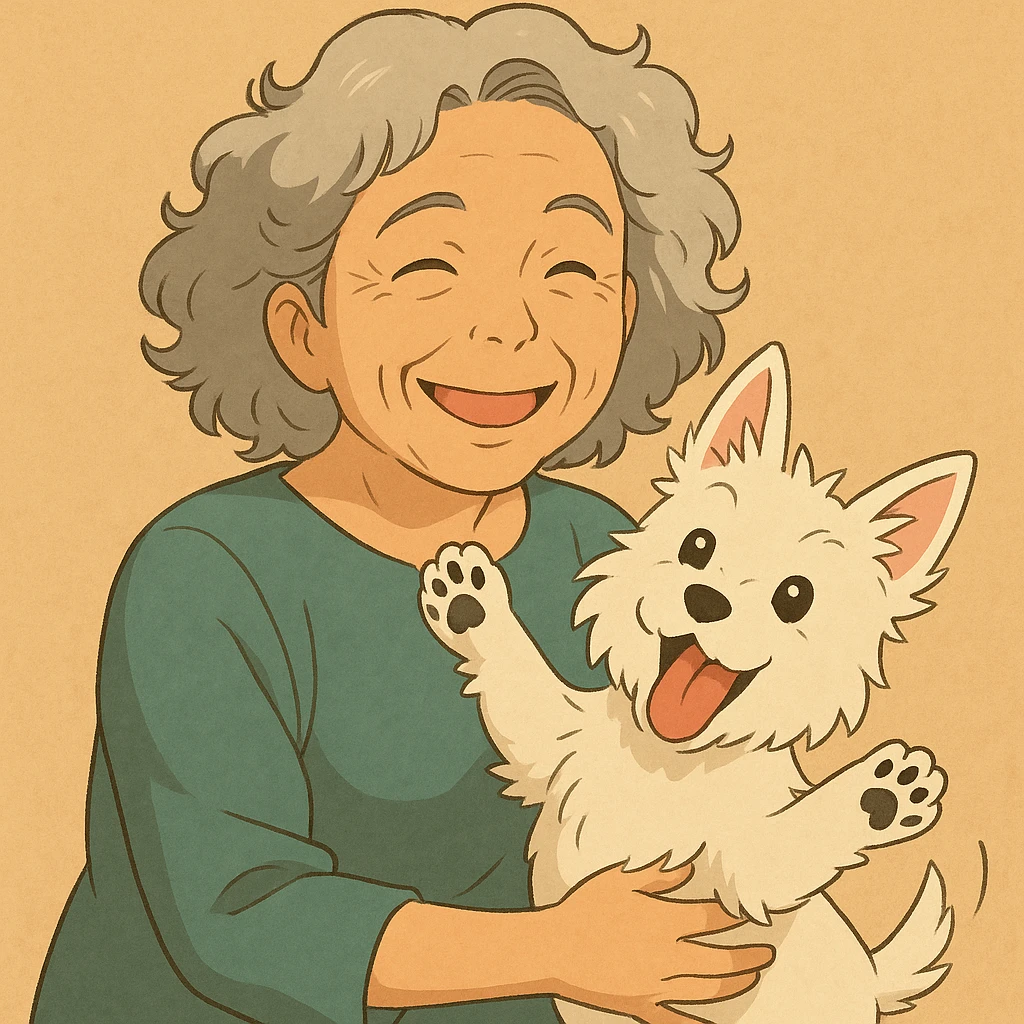 Make the Westie dog playful, with a joyful pose or playful look, keep the 50-year-old lady with silver curly hair smiling emoji
