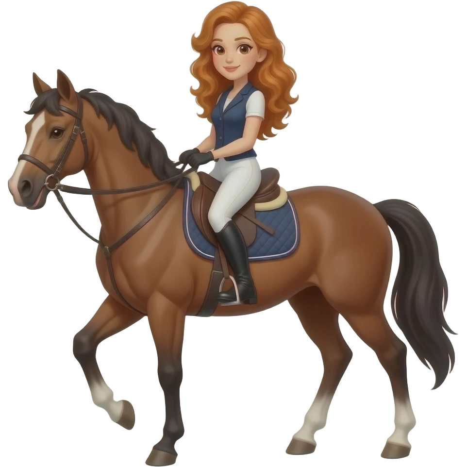 ginger hair equestrian 25 year old elite woman with wavy hair and brown eyes riding an elite horse emoji