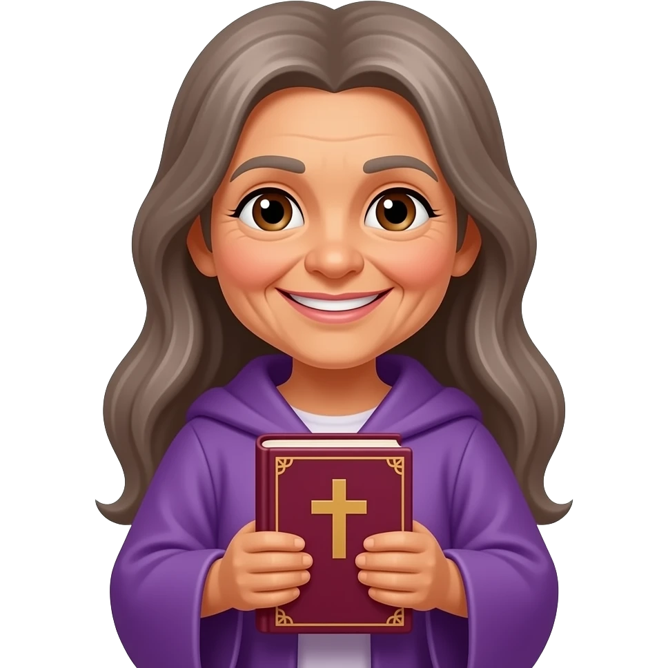 wise old woman smile with brown grey long hair tan skin purple robe brown eyes with burgundy book that has a cross on it emoji