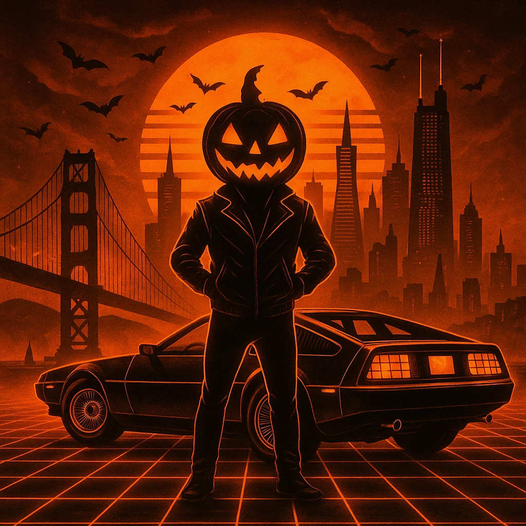 Make the head of the person a halloween pumpkin, make the entire image feel like Halloween retro, make the cityscape san francisco emoji