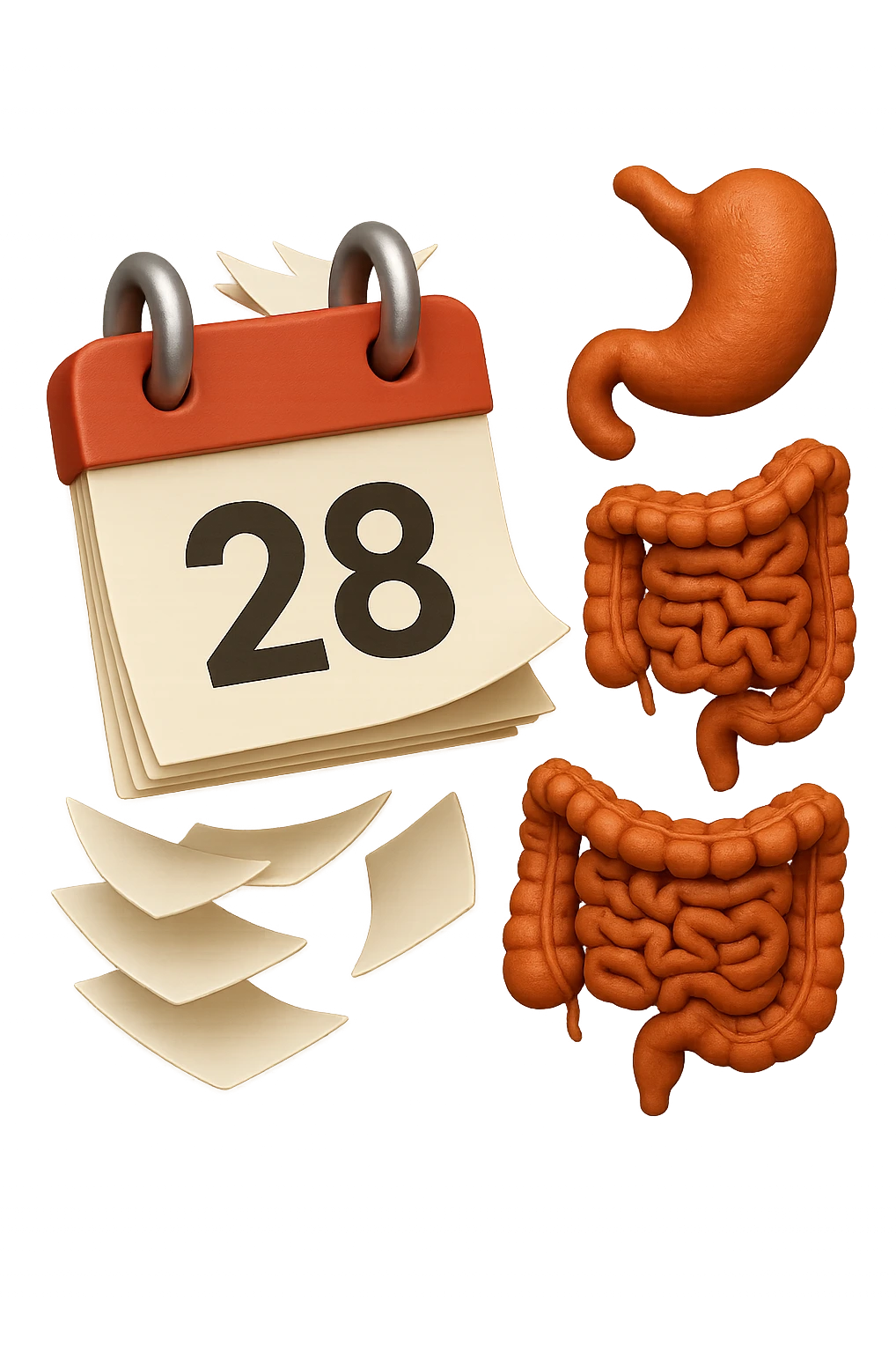 emoji stile iphone di un calendario con fogli che volano insieme a pezzi anatomici di colon umano, iperrealistico 4k, isolato su sfondo bianco emoji