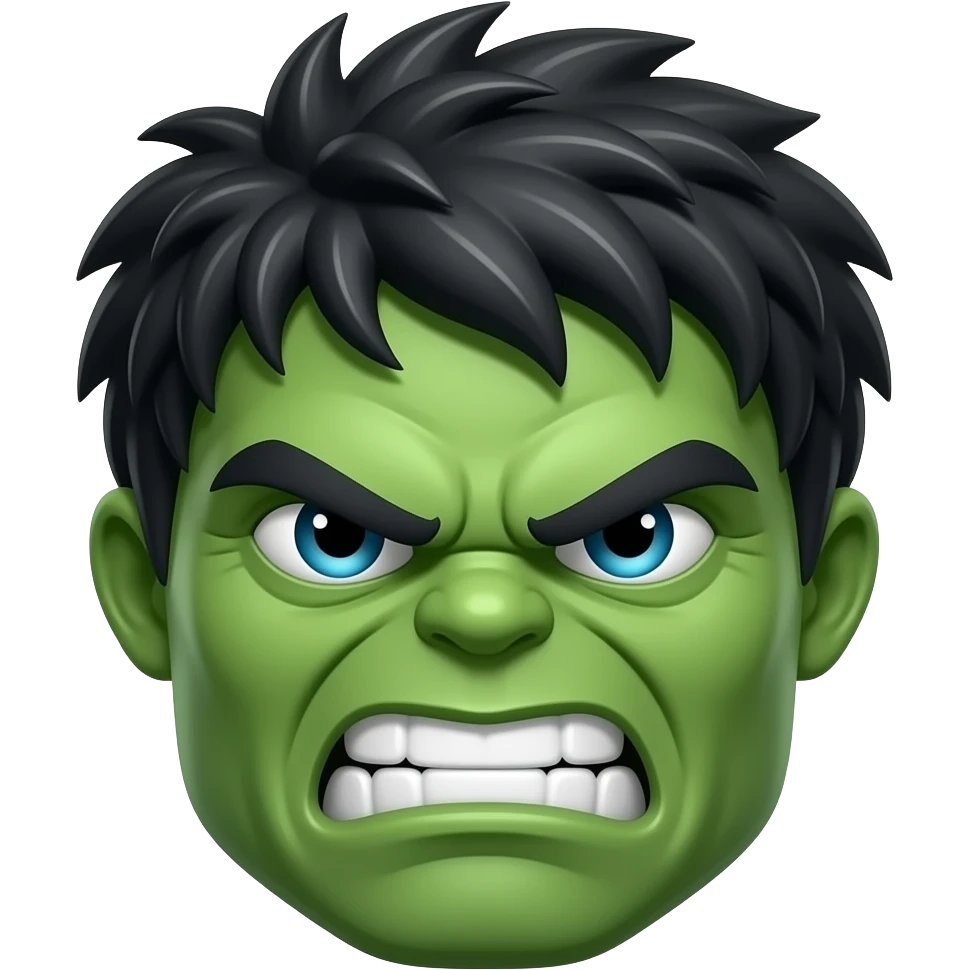 Like 🙂. Not human like!!! Just a plain smiley emoji. Green emoji with spiky messy black hair, incredible hulk like, but still a plain Android /iOS style emoji. Like a regular emoji, not human like. Scary but angry smile. emoji