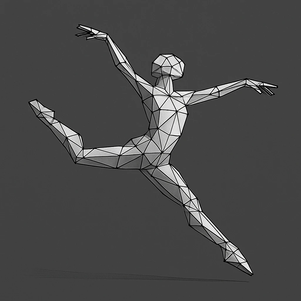 Wireframe dancer mid-leap with limbs stretched in arc. emoji