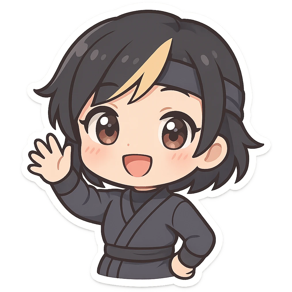 chibi ninja girl with black short hair and a blonde streak, big head, small body and arms, not overly round or infant-like, cute and playful, anime-style face with large expressive eyes, small nose and mouth, subtle blush, hand fully raised, waving, smiling, pastel colors, soft shading, clean outlines, no mask emoji