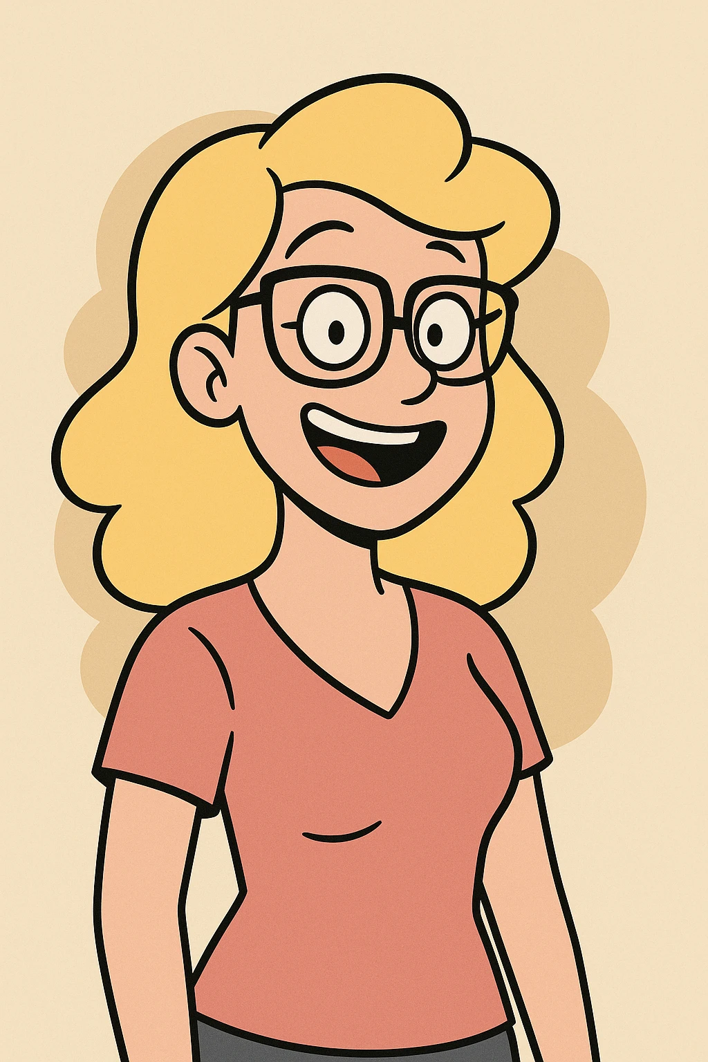 cartoon style blonde woman with glasses, cheerful expression emoji