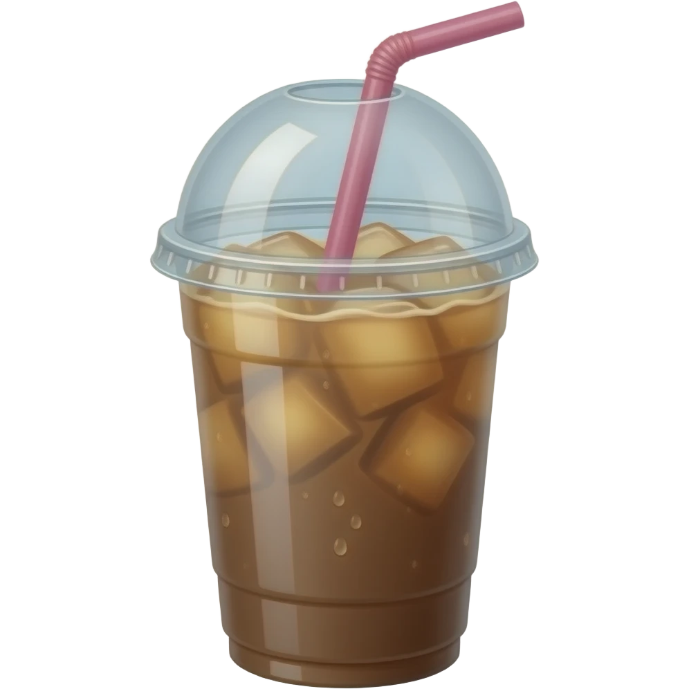 Iced coffee in to-go cup, flat lid, pink straw, little creamer emoji