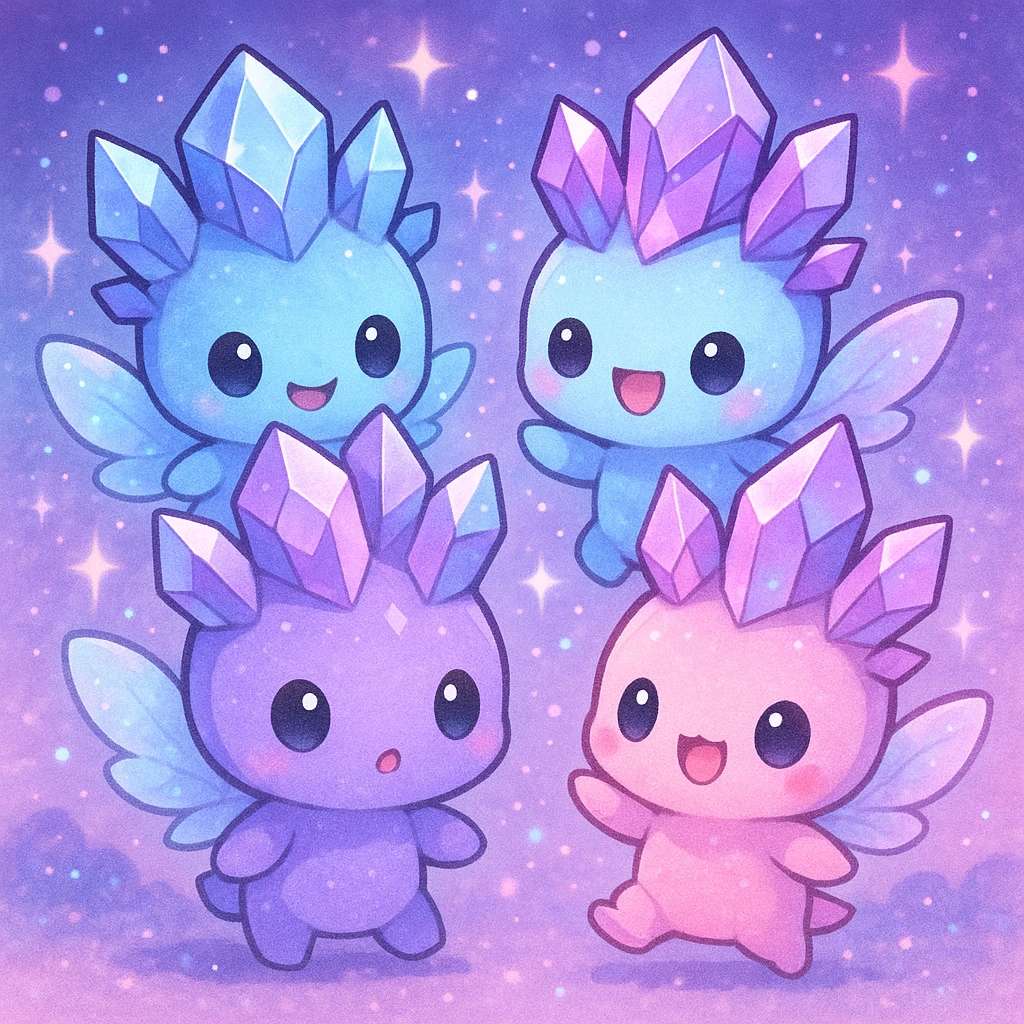 kawaii chibi style group of crystal sprite creatures in purple, blue, and pink, with tiny magical wings, playing together, magical background, adorable and fun emoji