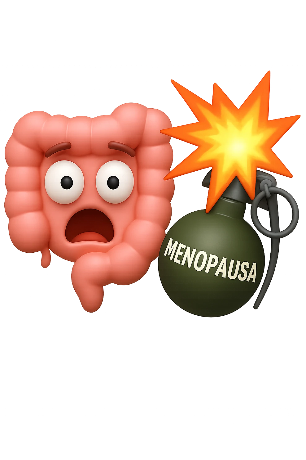 EMOJI STILE IPHONE 3D DI INTESTINO 3D CON ESPRESSIONE SCIOCCATA IN VOLTO MENTRE ACCANTO A LUI SCOPPIA UNA GRANATA 3D CON LA SCRITTA "MENOPAUSA" SOPRA, FAGLI ANCHE LA PARTE BIANCA DEGLI OCCHI, NON SOLO LA PUPILLA emoji