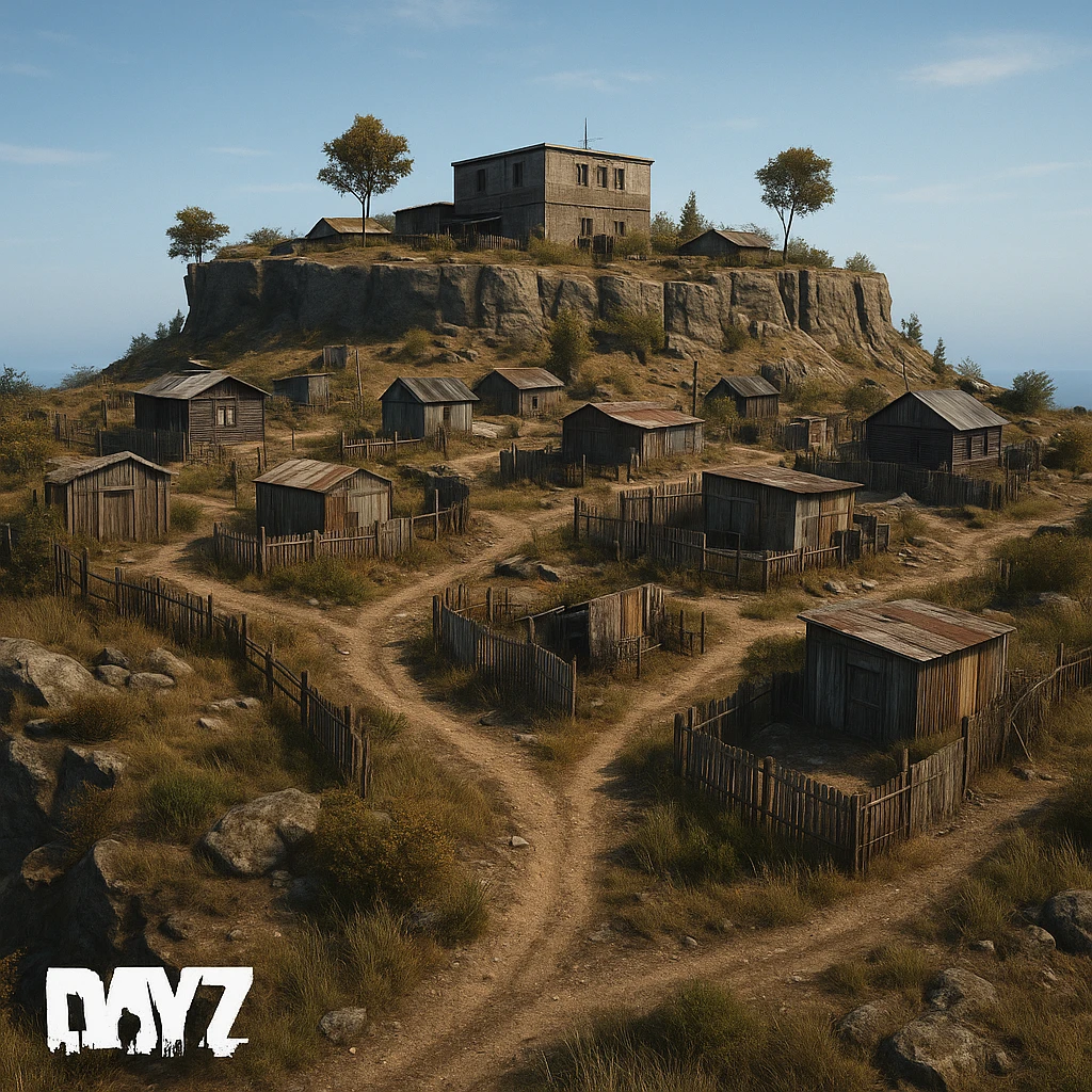 A small hilltop mesa city in the videogame dayz, screenshoot  emoji