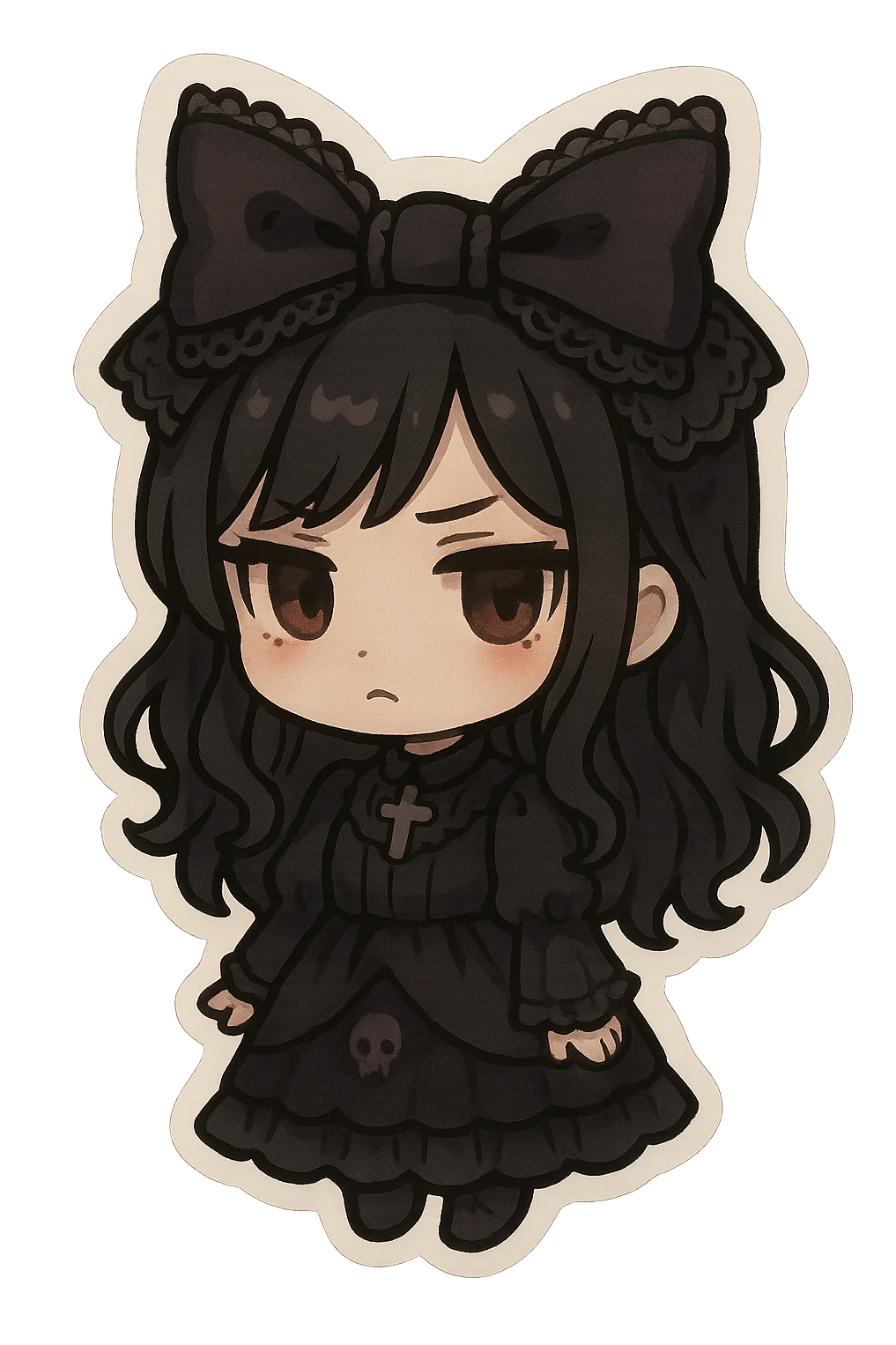 gothic style bow, black lace, dark elegant, subtle skull or cross motif, moody atmosphere, chibi style emoji
