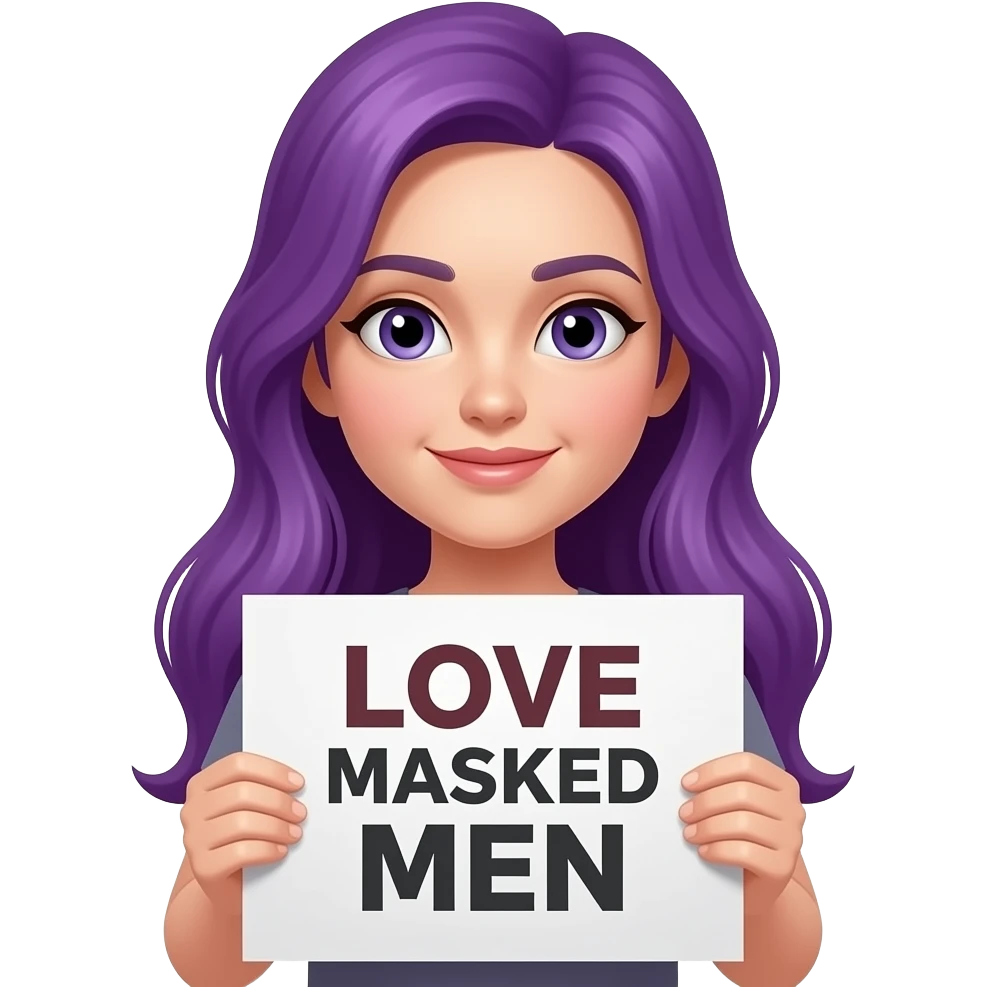 girl with long purple hair holding a LOVE MASKED MEN sign emoji