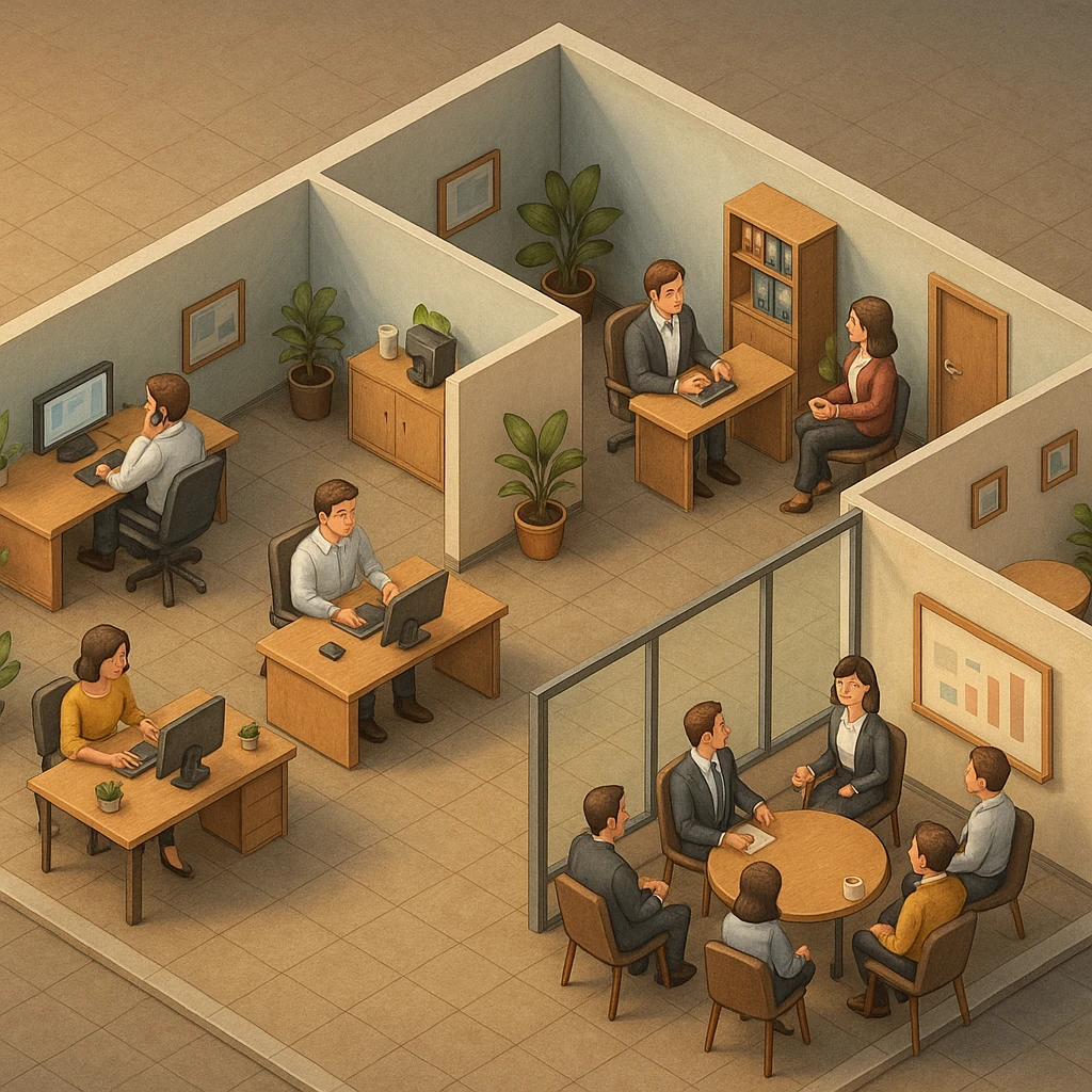 В слегка рисованном, но при этом ярком и объемном стиле - четкую, изометрическую 3D-сцену в мультяшном стиле с видом сверху под углом 45°, изображающую офис кабинетами, open space и другими характерными местами. В офисе работают люди - кто-то говорит по телефону, работает за компьютером, другие пьют кофе, сидят на общем собрании, переговори. Используйте мягкие, изысканные текстуры с реалистичными PBR-материалами и мягким, реалистичным освещением и тенями.  emoji