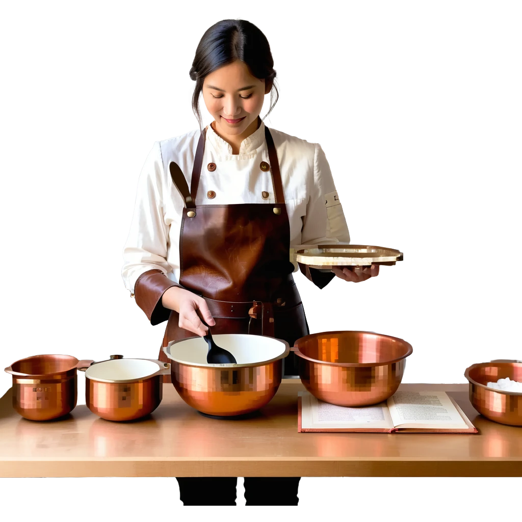 A confident journeyman baker working with copper mixing bowls, enamel measuring cups, and a leather-bound recipe book. The environment features warm lighting, brass utensils, and stitched cloth textures. UI elements resemble embossed leather tabs and metallic buttons. emoji