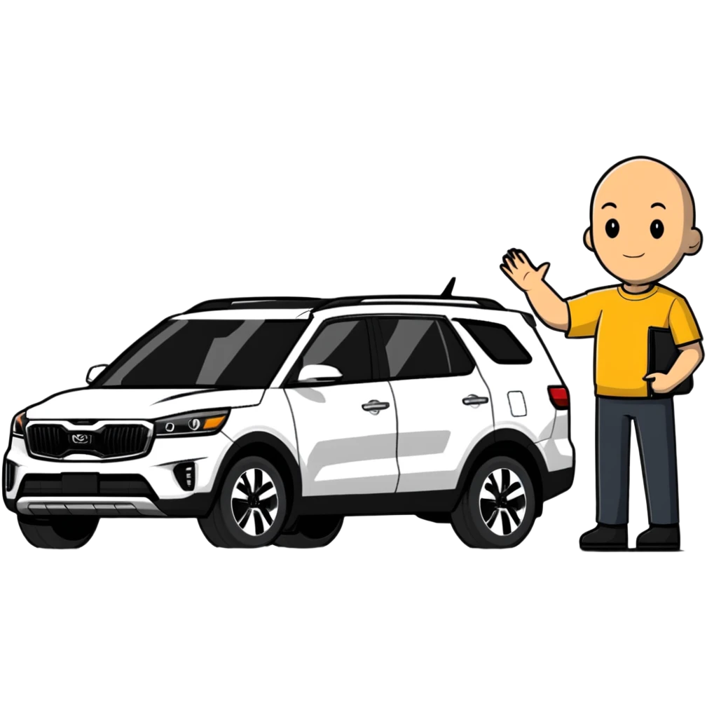 bald man standing next to a Kia Mohave SUV emoji