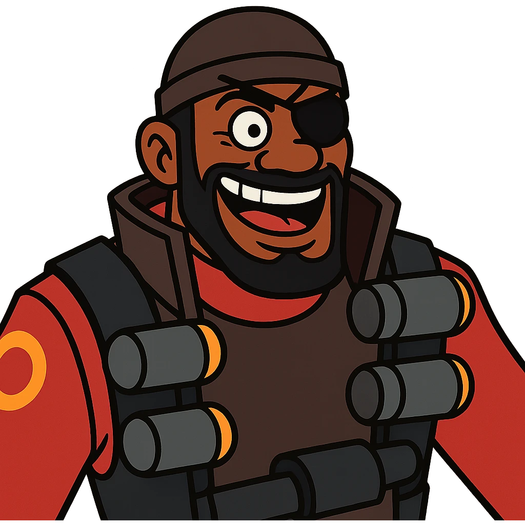 Demoman from TF2, close-up portrait, expressive face, cartoonish proportions, clean lines emoji