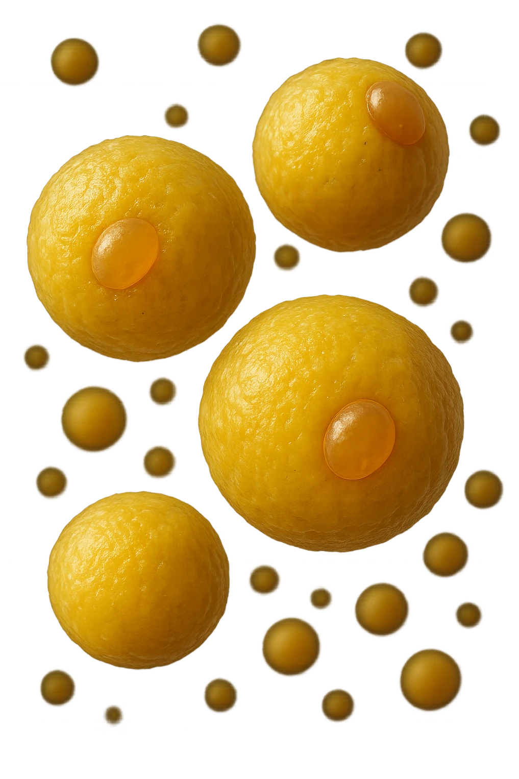 cellule di grasso anatomiche gialle realistiche umane fluttuano in aria, iperrealistico 4k emoji
