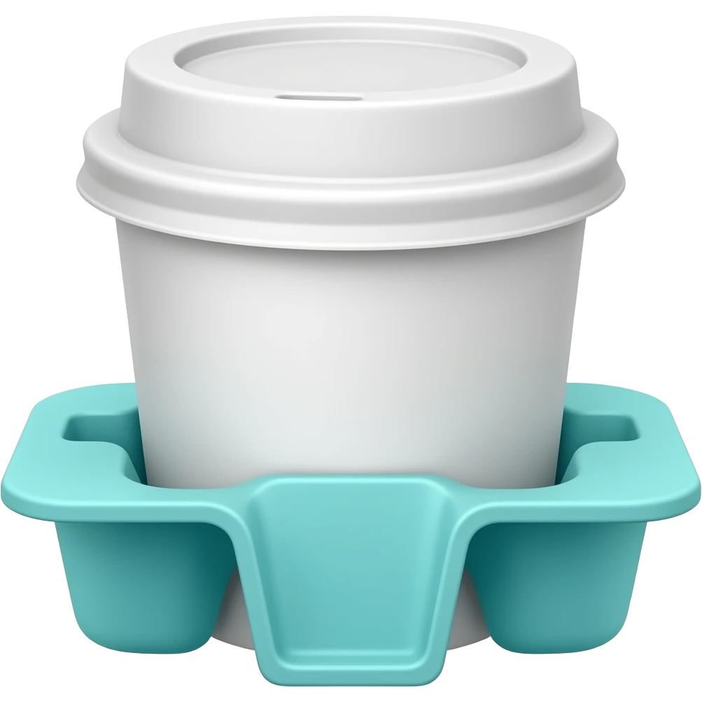 Белыйстакан кофе на вынос с белой крышкой, вокруг стакана бирюзовый картонный держатель emoji