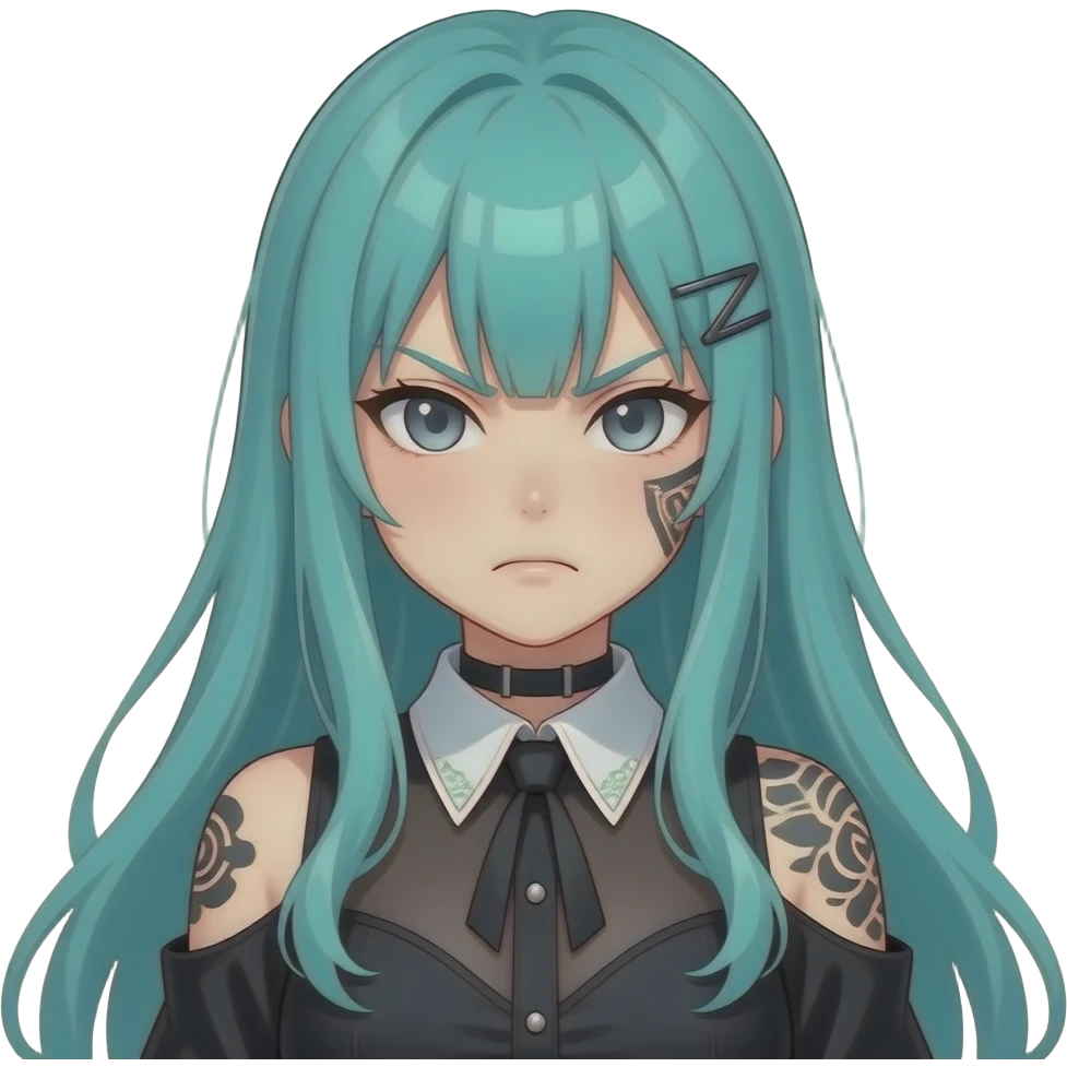 anime girl, angry face, face tattoos, long flowing teal hair, grey eyes, black shoulder cyberpunk blouse with fancy white collar emoji