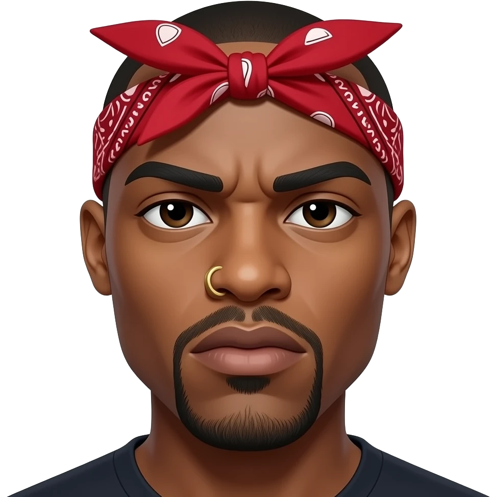 tupac shakur angry with red bandana tied backwards so the knot shows in the front, nose piercing stud in gold and a goatee that doesnt connect on the sides emoji