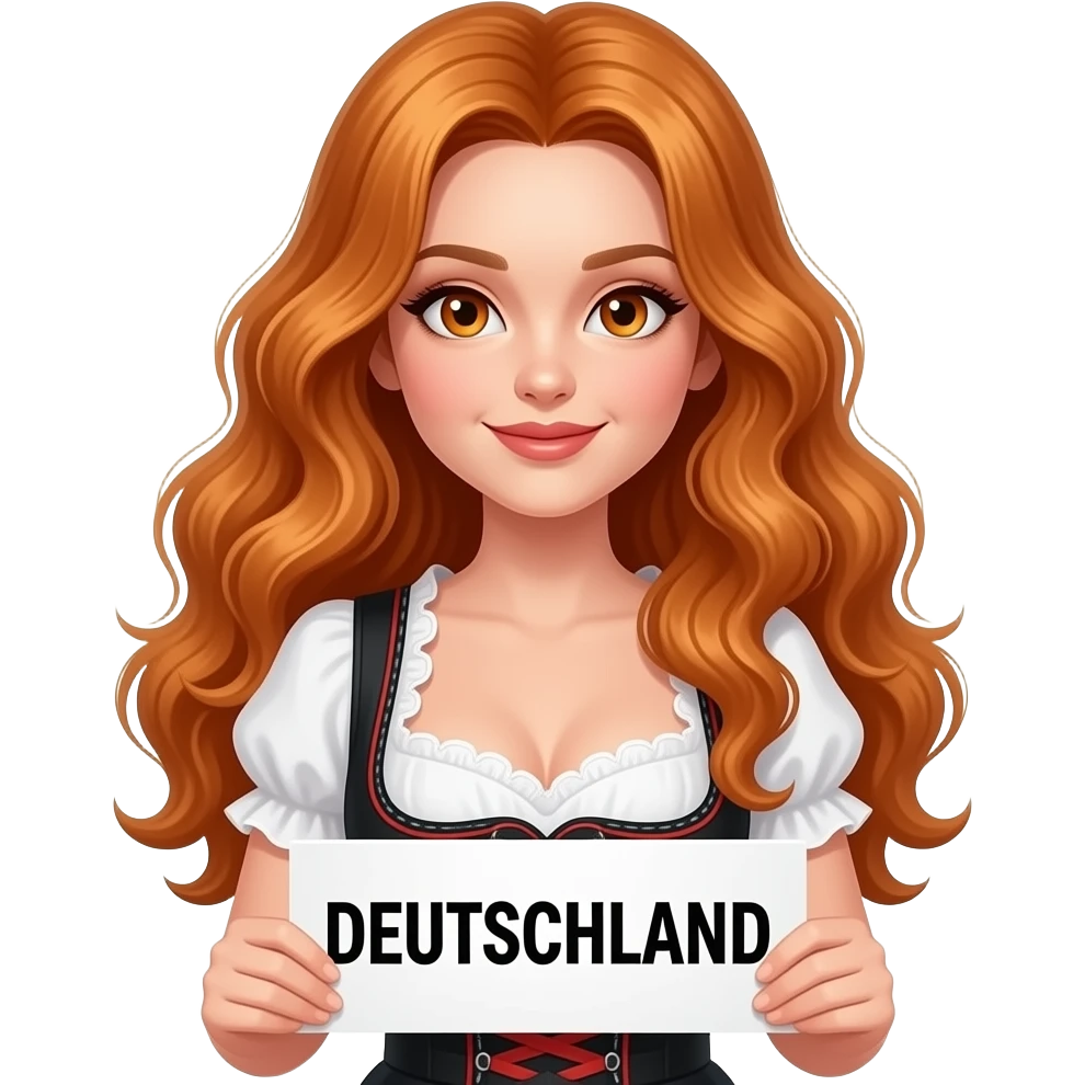 sexy girl with long curvy ginger hair and ginger eyes wearing a dirndl is holding a DEUTSCHLAND sign, emoji