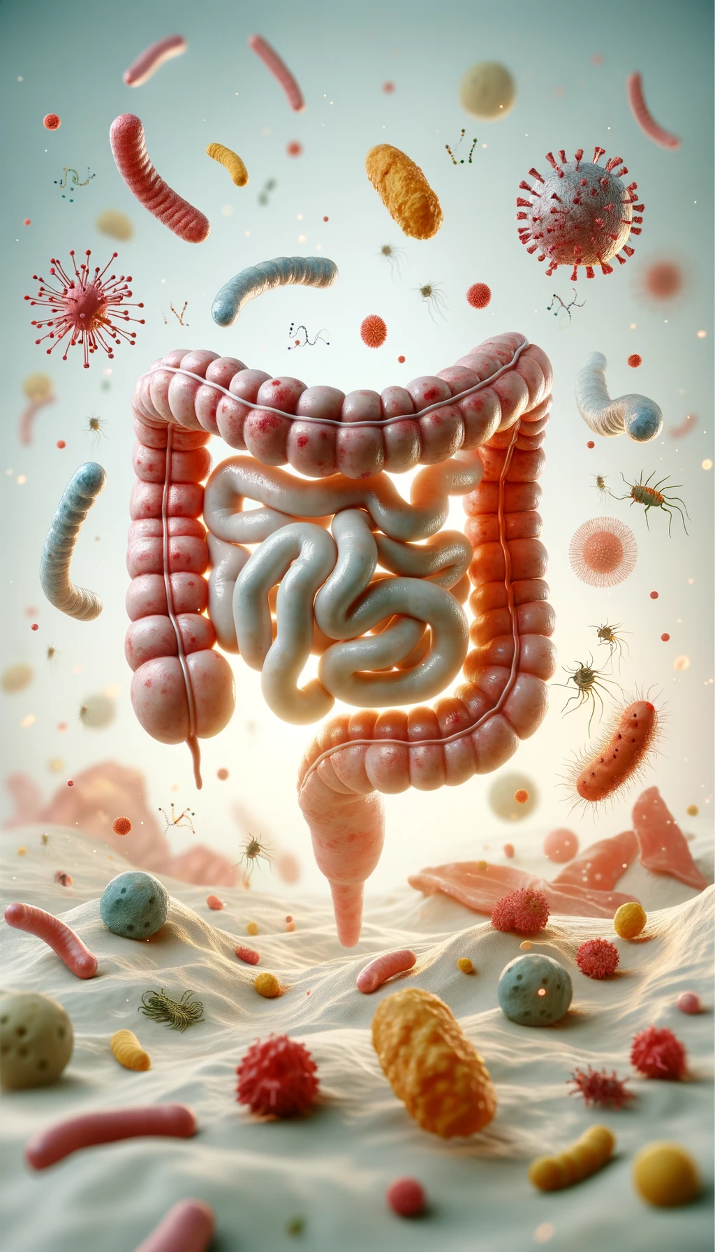 intestino umano anatomico con batteri e parassiti che gli fluttuano dietro, sfondo chiaro emoji