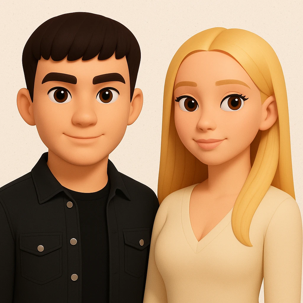 Slightly increase the volume of the upper body of the girl, spread them far apart from each other, make the skin color the same for both characters, keep the cartoon style as in the reference image. emoji