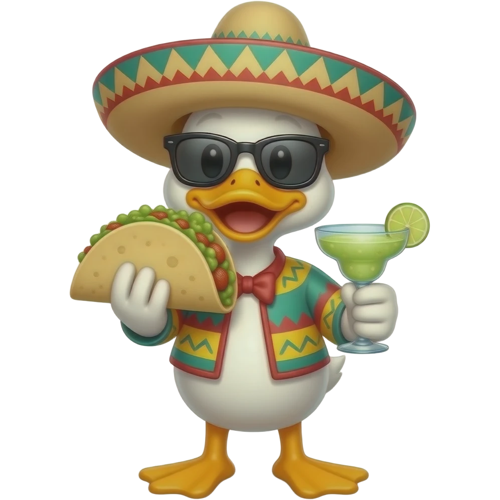 cute animated ducky eating tacos and guacamole,wearing a pancho sunglasses and sombrero drinking a margarita emoji