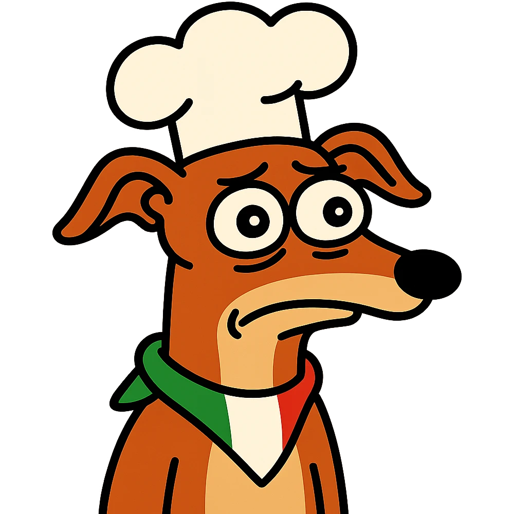 Italian dog with chef hat, looking confused, brainrot meme style, cartoonish emoji