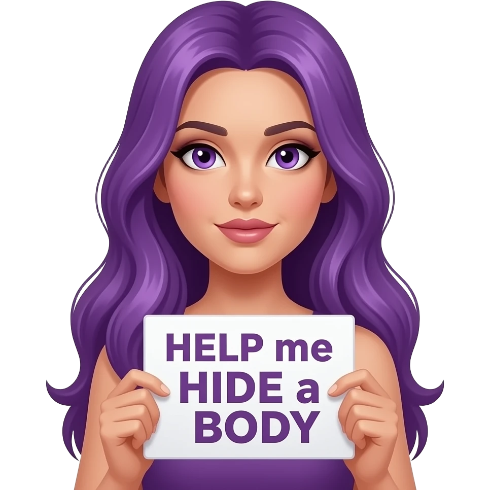 sexy girl with long purple hair and purple eyes holding a HELP me HIDE a BODY sign emoji