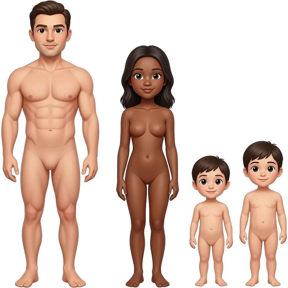 Show me naked man full body legs add a naked girl add little kids make everybody have no close emoji