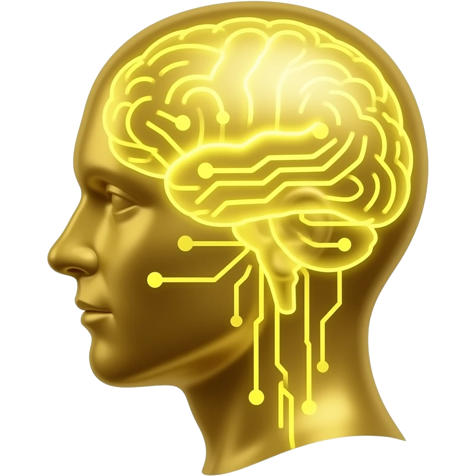 glowing gold human head silhouette with a transparent effect,-filled-with-interconnected-circuit-lines-and-neural-nodes,-symbolizing-artificial-intelligence emoji