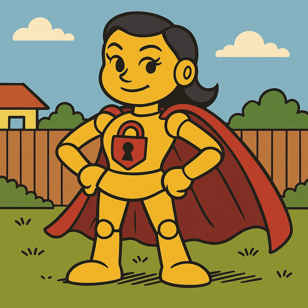 Transform the heroic robot into a more feminine version, with a cape and lock emblem, keeping her bold, cartoon style. emoji