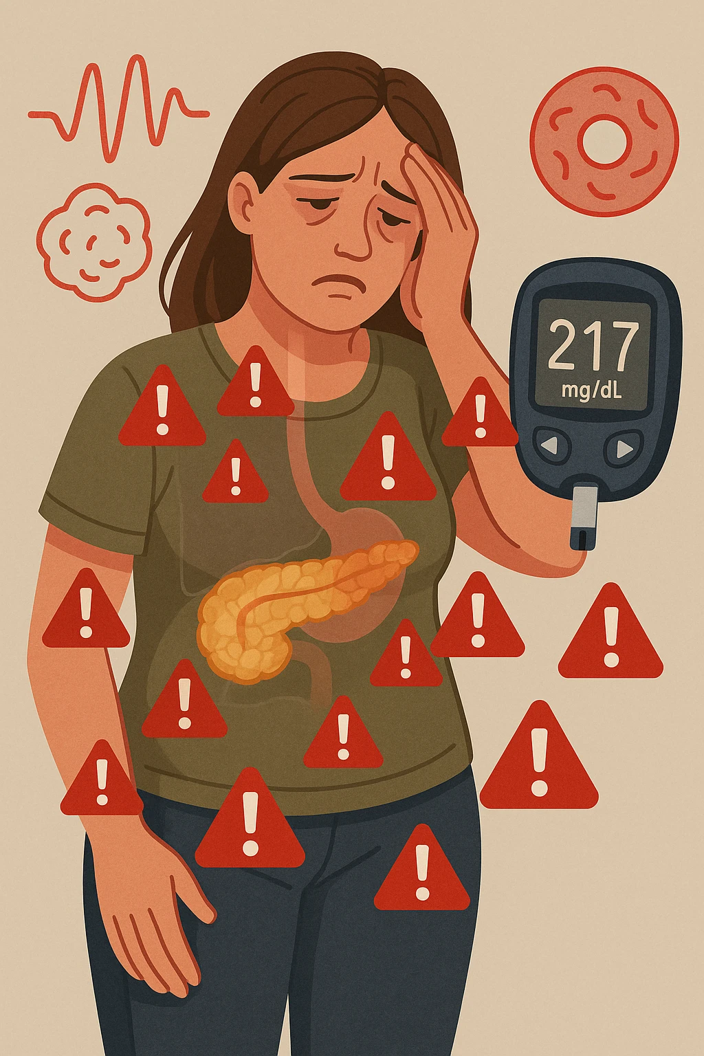 "Woman struggling with worsening insulin sensitivity, blood sugar spikes visualized as red warning signals throughout her body, expression of energy crashes and sugar cravings, pancreas working overtime shown in transparent overlay, pre-diabetic progression despite dietary efforts, metabolic syndrome symptoms accumulating, glucose meter showing increasingly concerning readings" scritte in italiano emoji