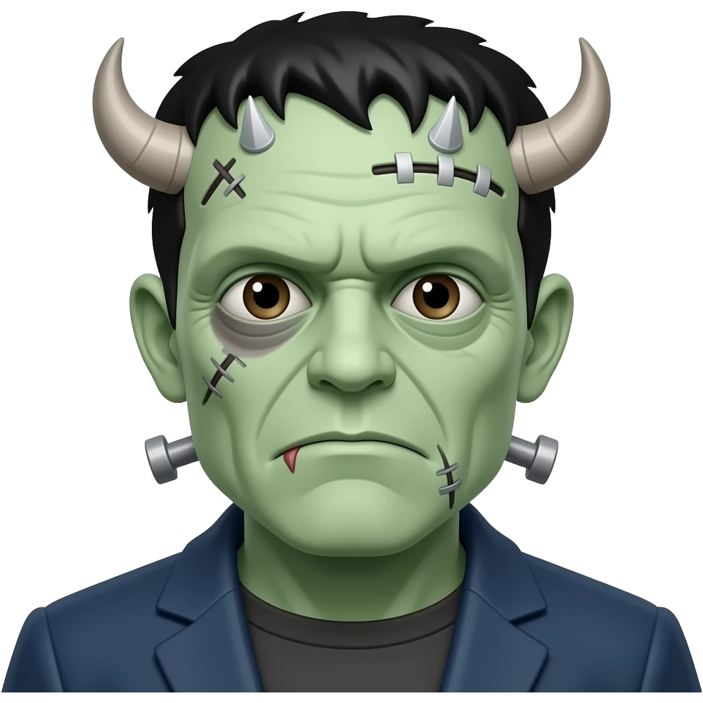 Frankenstein’s monster with blank expression, stitched face and bolts on forehead, without horns emoji