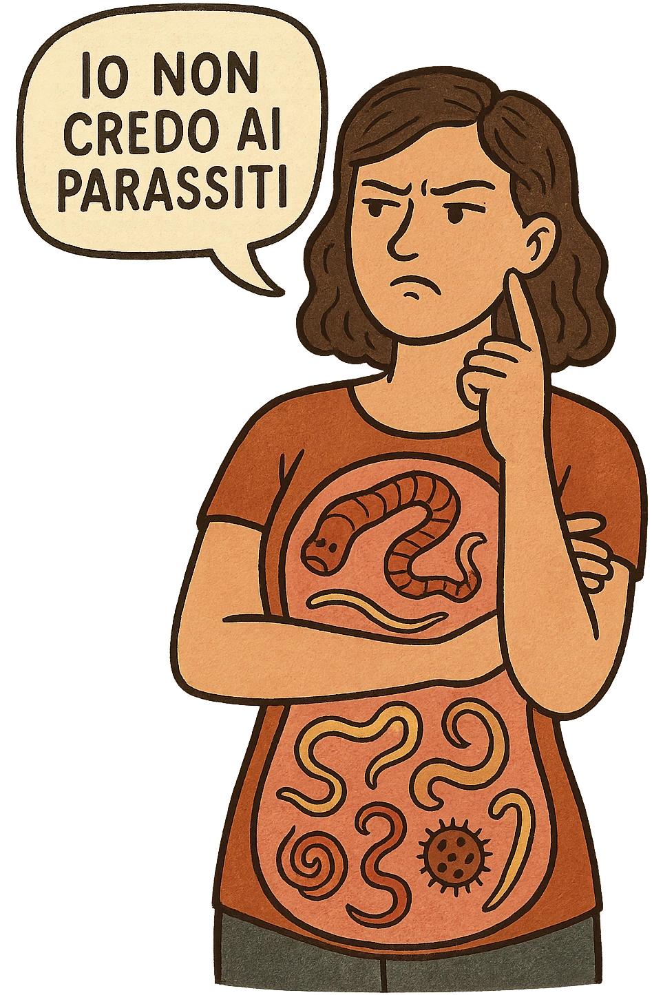 Donna con parassiti nel corpo che dice "Io non credo ai parassiti" emoji