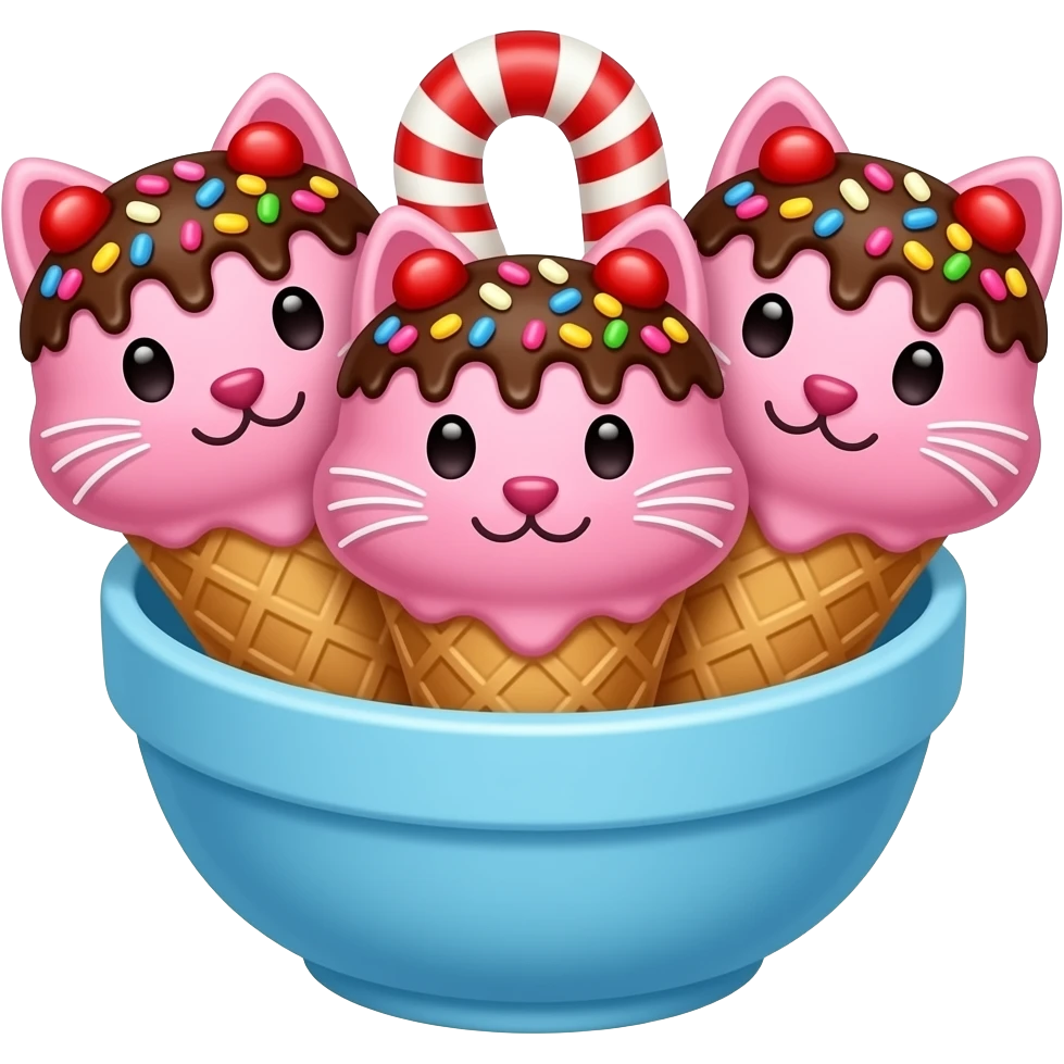 3 Pink cat shaped ice cream scoops with sprinkles and  red licorice M&Ms  with chocolate sauce  in a blue  bowl emoji