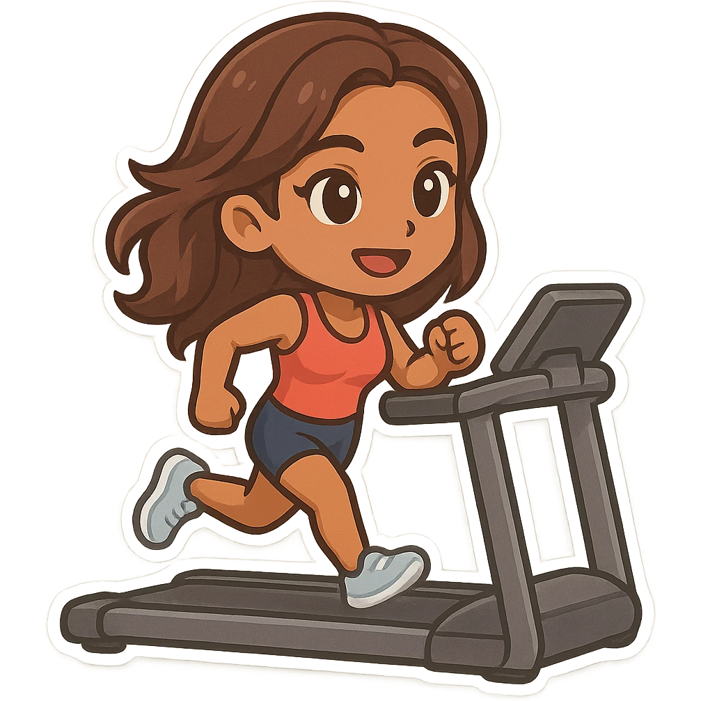 cartoon emoji style girl with tanned skin, athletic and aesthetic but not too sporty, hair down, running on a clearly visible treadmill, cute and pretty emoji