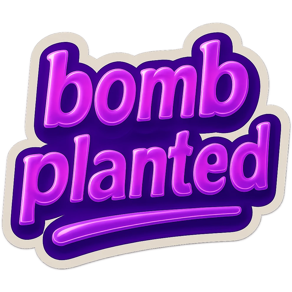 A meme-style emote with the text 'bomb planted', neon purple theme, compact and expressive emoji