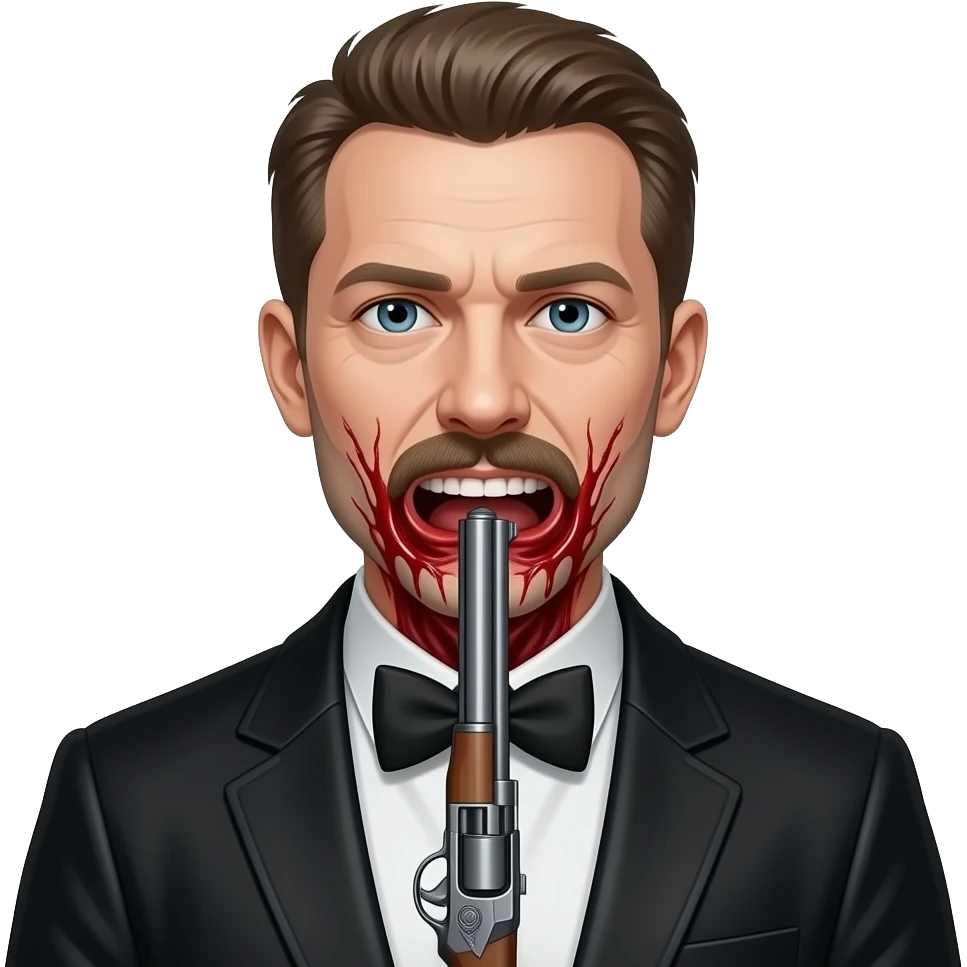 A white guy with a black jacket, his head completely gone, being very bloody and showing his insides, with a shotgun pointing up under his chin emoji