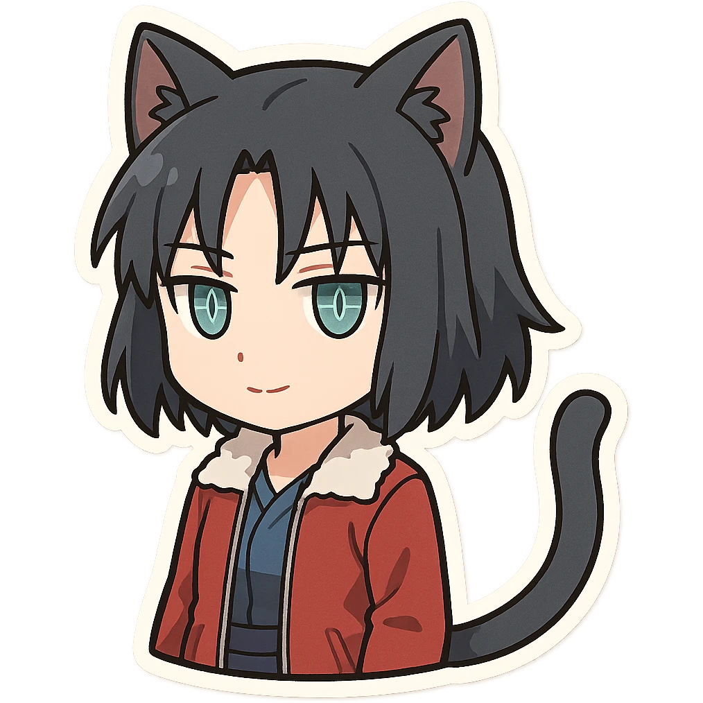 chibi Ryougi Shiki with cat ears and cat tail, Mystic Eyes of Death Perception, reserved and stoic expression, subtle smile, true to her personality emoji