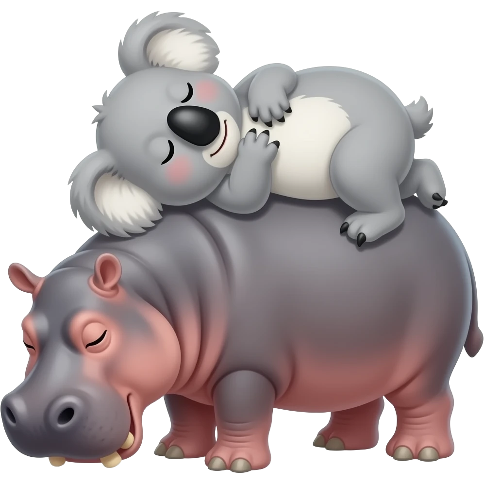 koala laying on back. Hippo kiss koala. Koala on bottom   Hippo laying on top of it. Koala legs wrapped around hippo. Best friends snuggling.  Koala legs fully wrapped all around entire hippo closely. Hippo legs touching ground. emoji