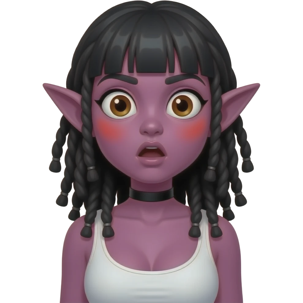 놀란 동공. 커다란 눈. 하얀 동공에 갈색렌즈. 살색의 뾰족하고 커다란 귀. 진한  보라빛 핑크색 스킨. 붉은 홍조. 이마 주름은 없고 입은 O모양. 앞머리있는 검정 긴생머리.드레드헤어. 흰색 나시를 입고 큰 가슴. 목에는 검정색 얇은 띠의 초커. emoji