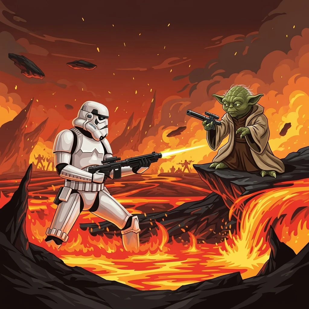 vector art of a Starwars stormtroopers is walking on lava planet with yoda, battleground background 
 emoji