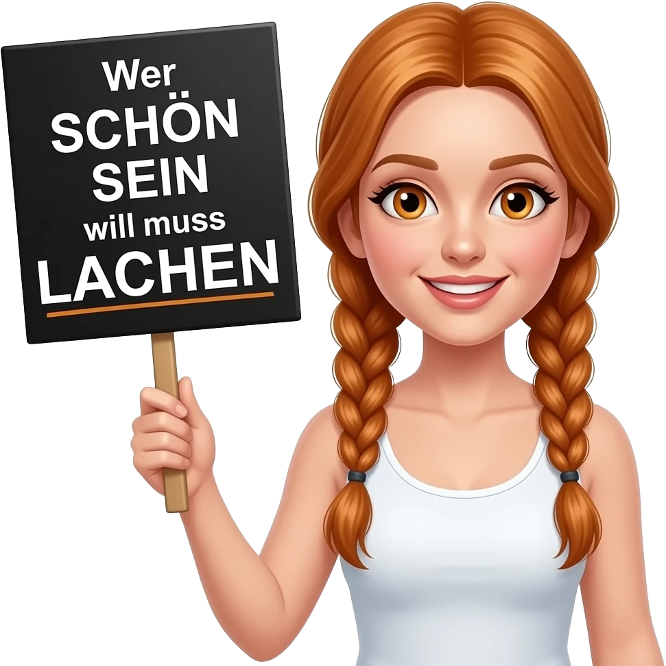 sexy girl with long ginger braids and ginger eyes wearing a white tanktop is holding a black sign with Wer SCHÖN SEIN will muss LACHEN written on it emoji