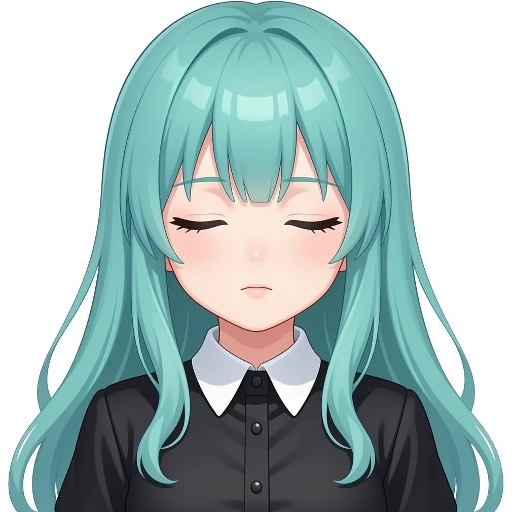 anime girl, sleepy, long flowing teal hair, grey eyes, black shoulder cyberpunk blouse with fancy white collar emoji